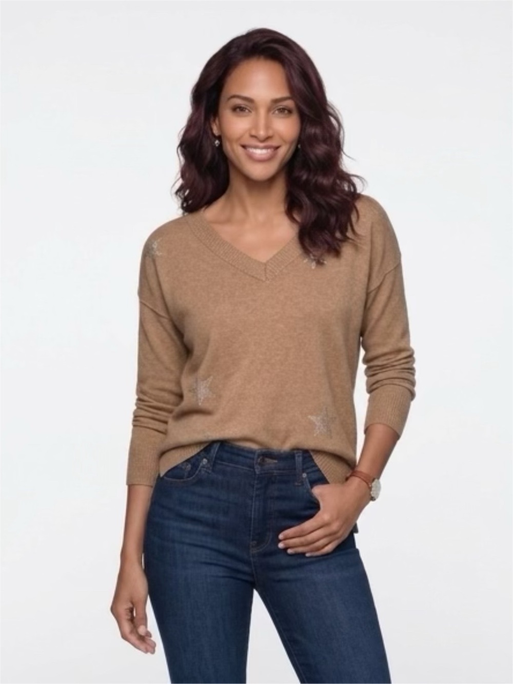 Knox Rose Camel V-Neck Sweater with Subtle Star Accents